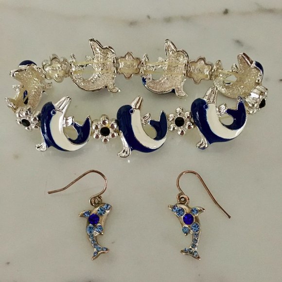 Cute Dolphin Bracelet and Earrings Silver Blue - Picture 1 of 6